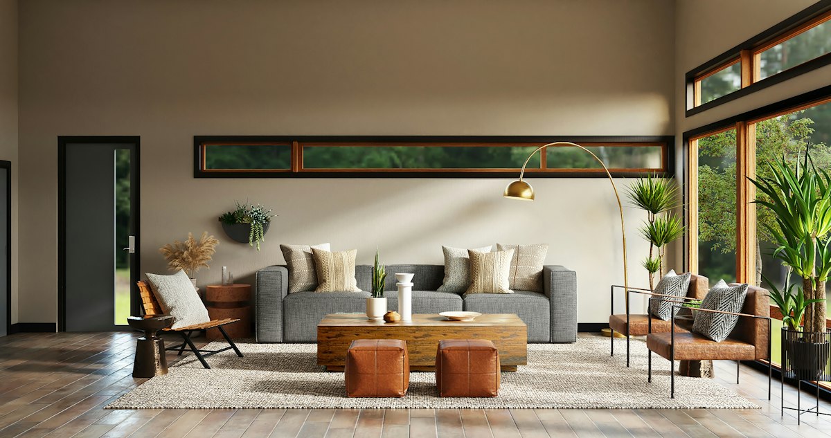 Furnished living room overlooking the city